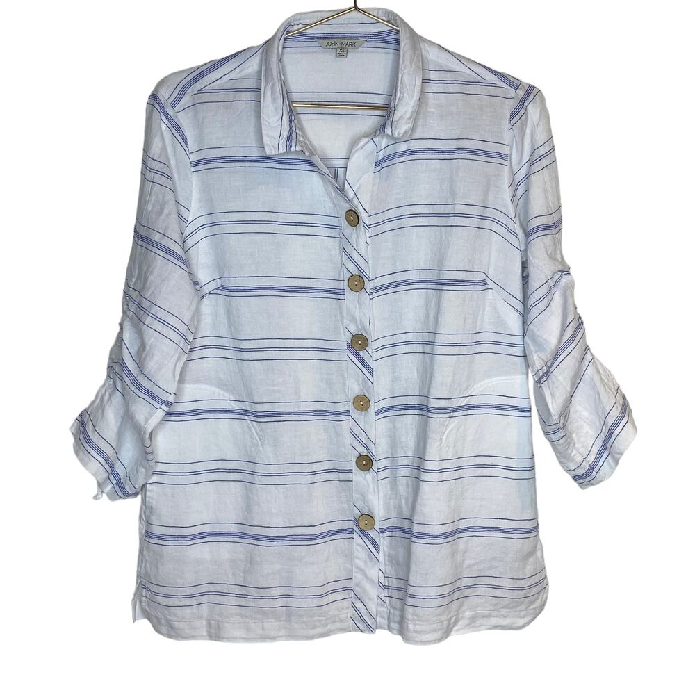 John Mark Womens Size XS‎ Linen Top Blouse Blue White Cinch Sleeve Button Up